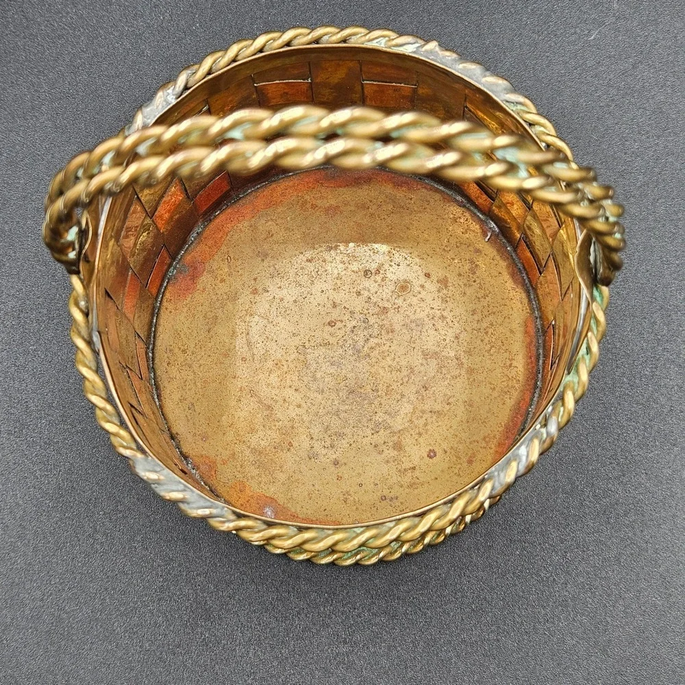 Vintage Penco Brass and Copper Woven Basket Twisted Handle Made in India 6in